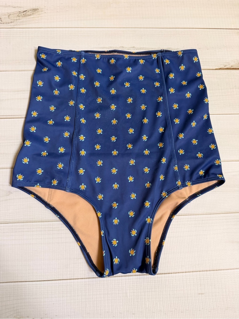 Kortni Jeane Beige Lined Swim Bottom with Navy Trim and Yellow Accents